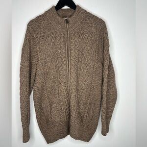 Aran Original Co. Merino Wool Cable Knit Full Zip Sweater Brown Men's L Pockets